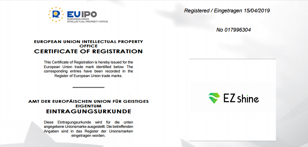 EZshine Trademark Successfully Registed by EUIPO